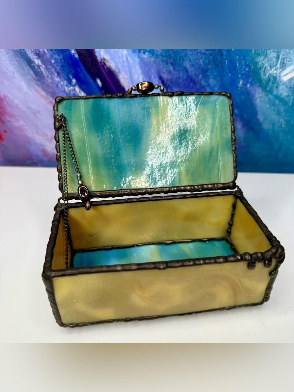 Stained Glass Trinket Box Plum Gully Connecticut Blue Yellow Soldered Folk Art